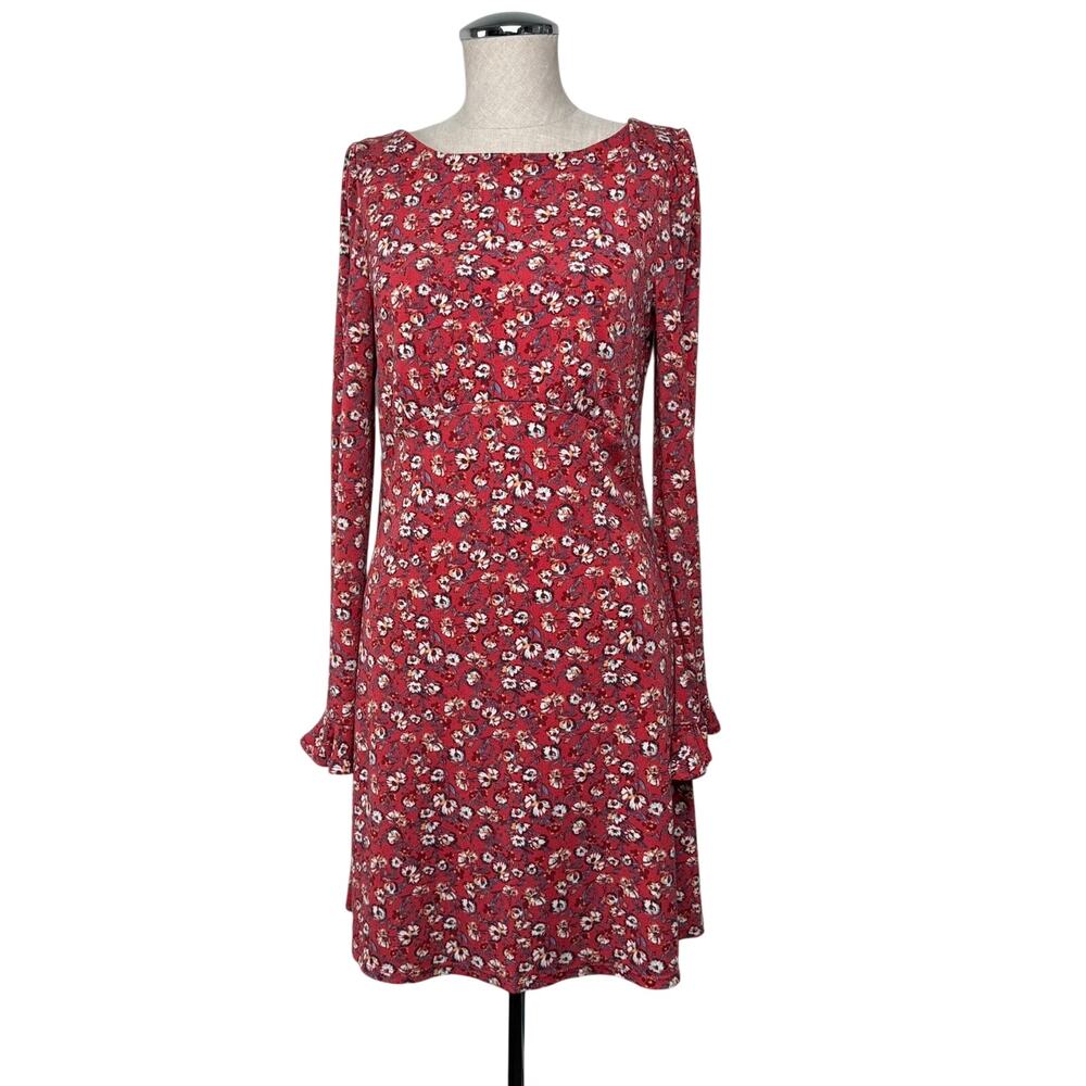 Free People Red Floral Textured Knit Short Dress Boho Cottage Romantic Medium